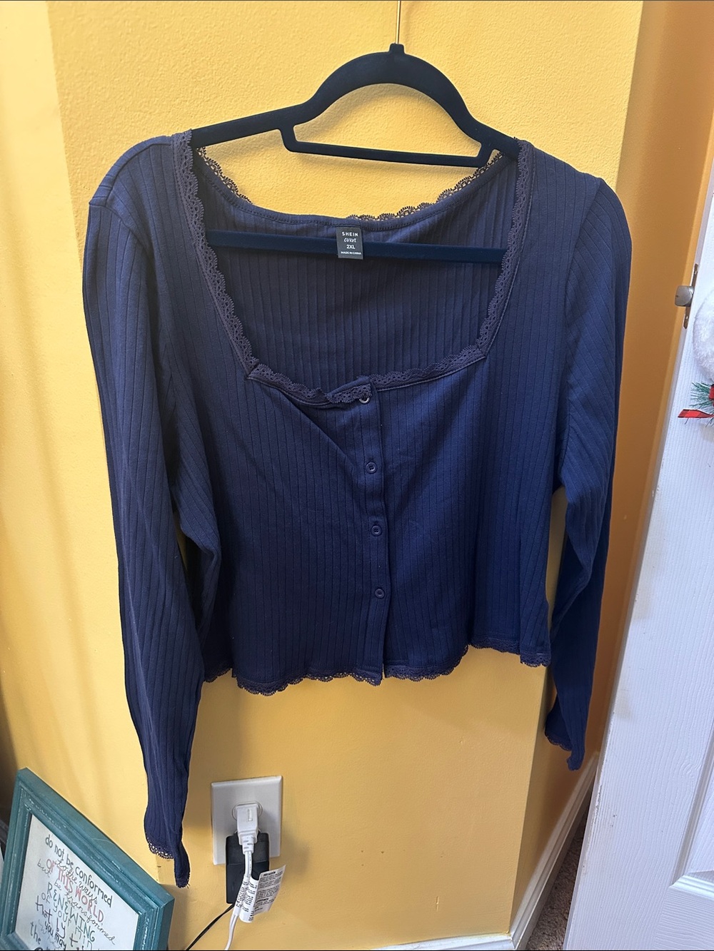Navy Ribbed Button-Front Lace Trim Cropped Cardigan/Top